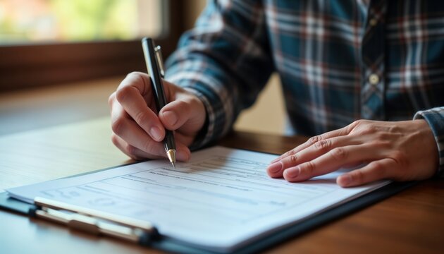 Man fills out workers compensation form. Sits at desk, carefully completes claim document. Fills in information. Claim involves injury at work. Process happens in office setting. Document in