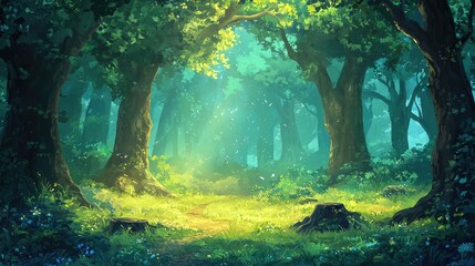 A Sunlit Path Through a Dense, Lush Forest
