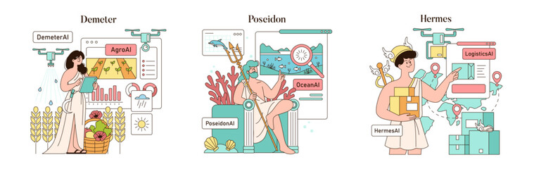 Olympic Gods Synergy AI. Flat Vector Illustration
