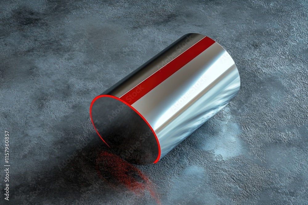 Poster a metallic cylinder with a red stripe rests on a dark gray textured surface.