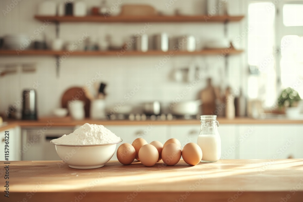 Poster ingredients for baking displayed on a wooden kitchen counter with space for text and cooking creativ