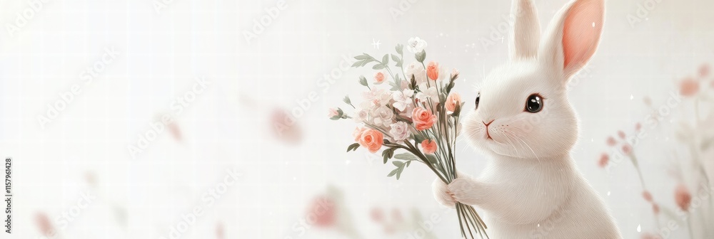 Aufkleber cuddly rabbit holding a bouquet of flowers in a peaceful setting with space for text. generative ai