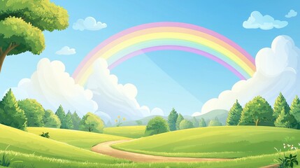 A Serene Countryside Landscape with a Rainbow Arcing Over Rolling Green Hills and a Winding Path