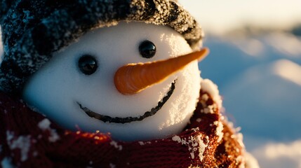 Close-up of a cheerful snowman's face, wearing a hat and scarf, enjoying the winter wonderland.