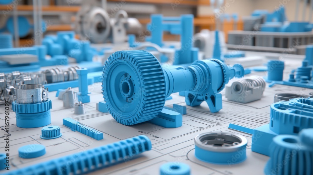 Poster 3d rendering of mechanical components in blue tones set against a detailed blueprint background for 