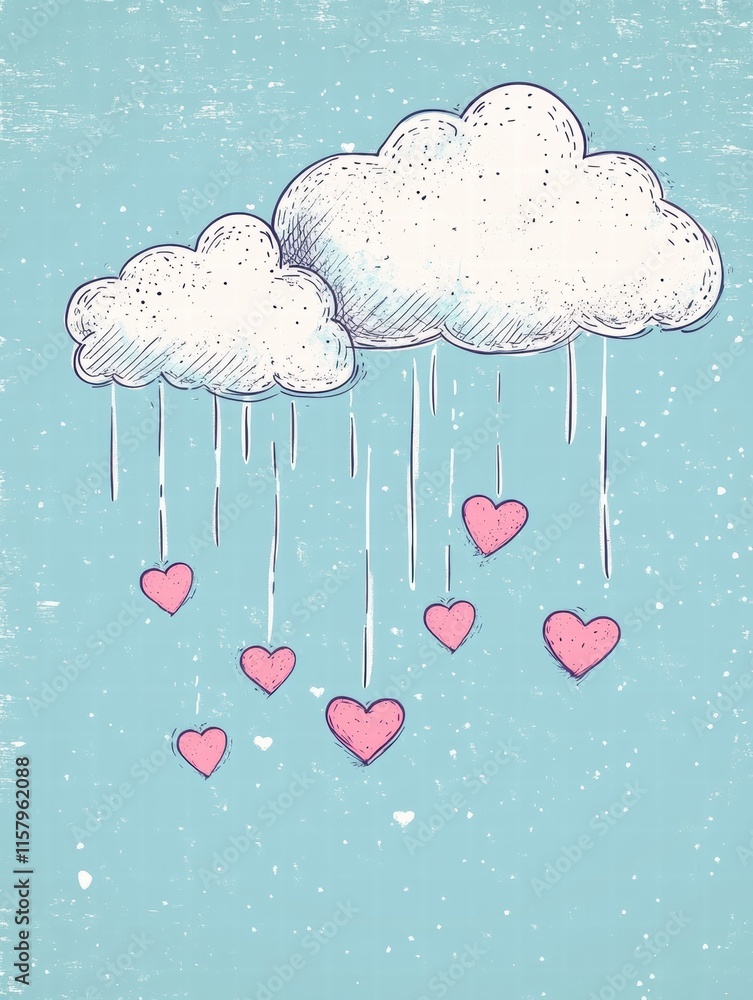 Poster whimsical hand drawn clouds raining hearts on a soft blue background ideal for valentines day design