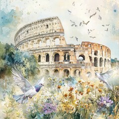 Obraz premium Majestic Coliseum Surrounded by Blossoming Flowers and Birds