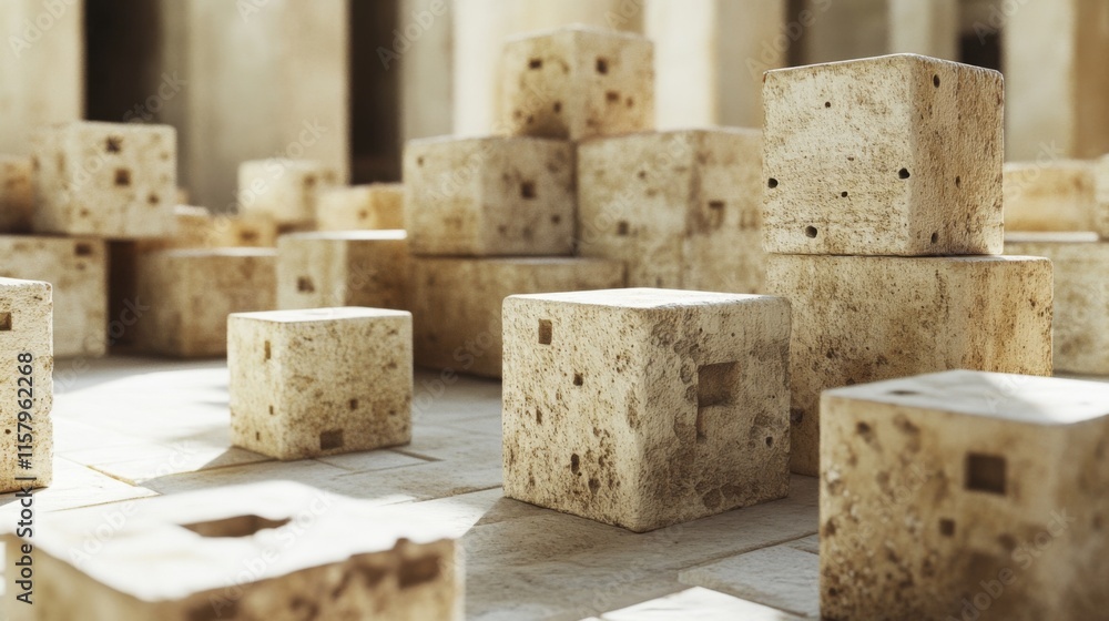 Poster abstract composition of weathered stone cubes arranged in sunlit space, creating a unique geometric 