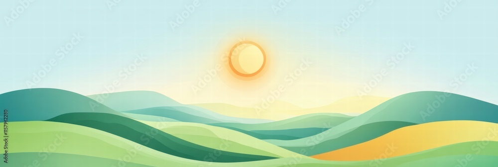 Poster bright sun rising over rolling hills with ample space for text in a naive art style background. gene