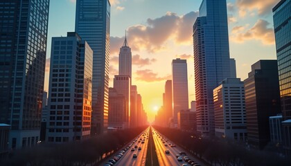 Urban landscape view of city skyline at sunrise. High rise buildings line wide avenue. Cars move smoothly on road. Golden hour light bathes city. Modern architecture, urban development showcased.
