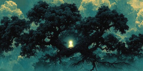 Naklejka premium Enchanting Majestic Tree at Night with Glowing Light Amidst Cloudy Sky in Mystical Forest Setting Creates Ethereal Dreamlike Fantasy Landscape