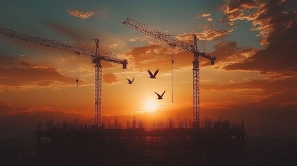 Construction site sunset with cranes and birds.