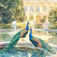 Colorful Peacocks by Fountain in Elegant Garden Setting