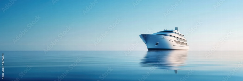 Poster luxury cruise ship traversing calm blue waters under a clear sky with ample space for serene text pl