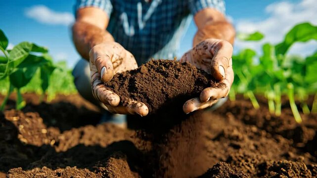 A farmer's weathered hands cradle rich, dark soil as he kneels in his field, feeling the earth between his fingers with a look of reverence and purpose in his eyes