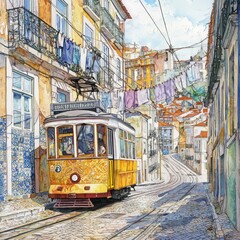 Vintage Yellow Tram Navigating Colorful Streets of Lisbon