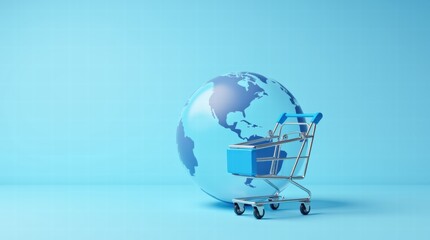 A minimalist earth globe with a shopping cart overlay, symbolizing global e-commerce, on a solid light blue background