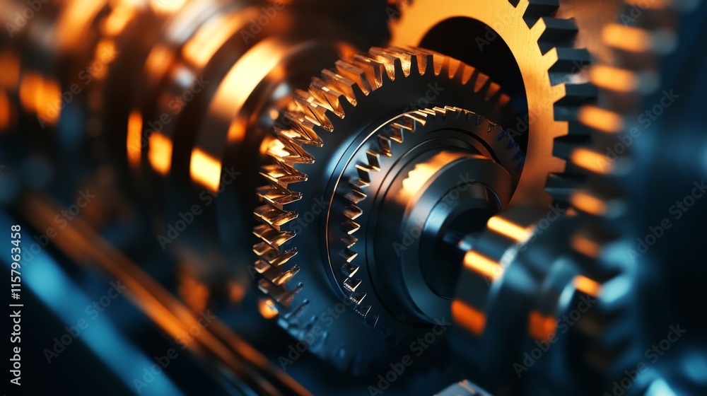 Poster close-up of interlocking gears in motion illuminated by warm light, showcasing precision engineering