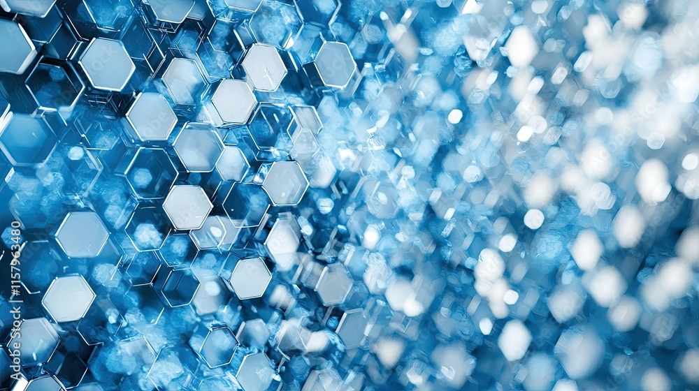Wall mural abstract blue hexagon pattern background with depth and bokeh effect.