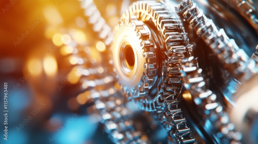 Aufkleber close-up of interlocking metal gears reflecting light in a mechanical assembly, showcasing precision