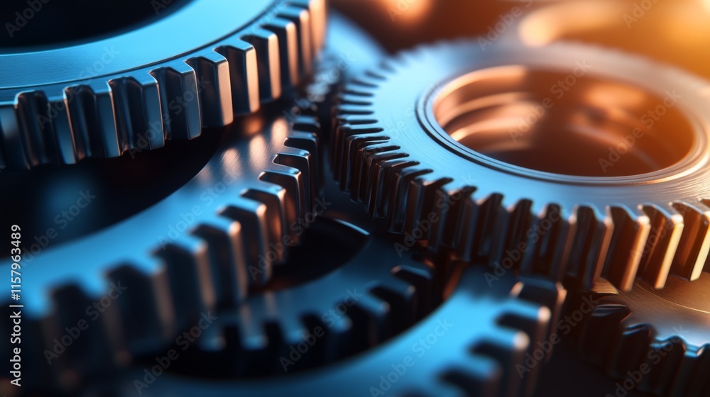 Poster close-up of interlocking metallic gears in a steampunk style with intricate details and soft lightin