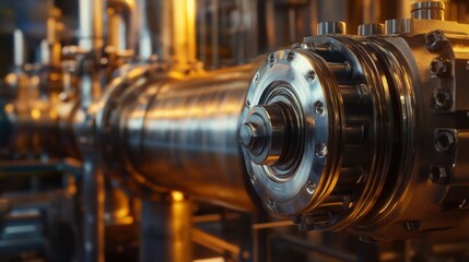Close-Up of Industrial Machinery Component in a Modern Manufacturing Facility with Pipes and Valves Under Warm Lighting