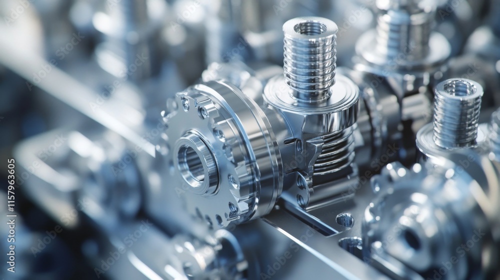 Poster close-up of precision engine components featuring shiny metal machining elements and intricate detai