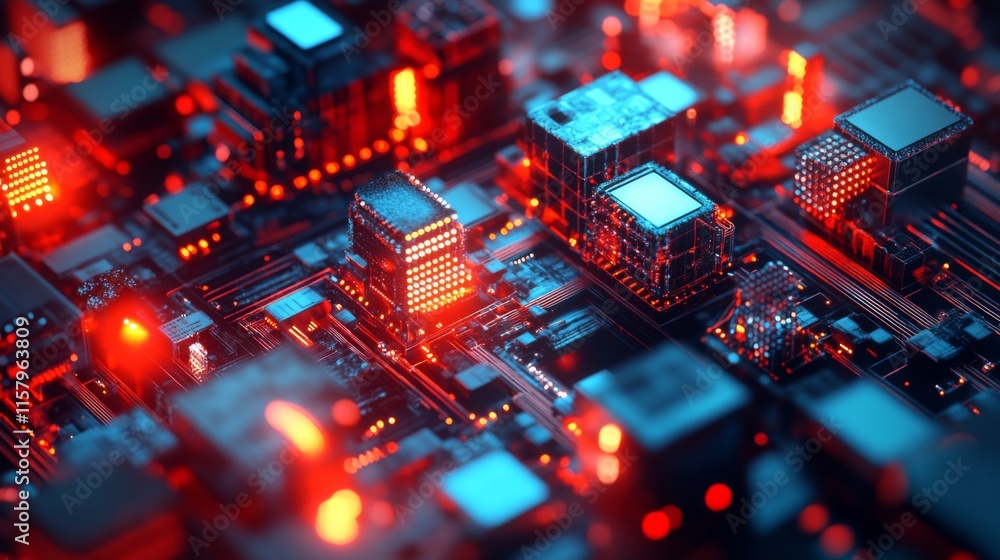 Poster close-up view of a complex circuit board with glowing components and intricate patterns showcasing m