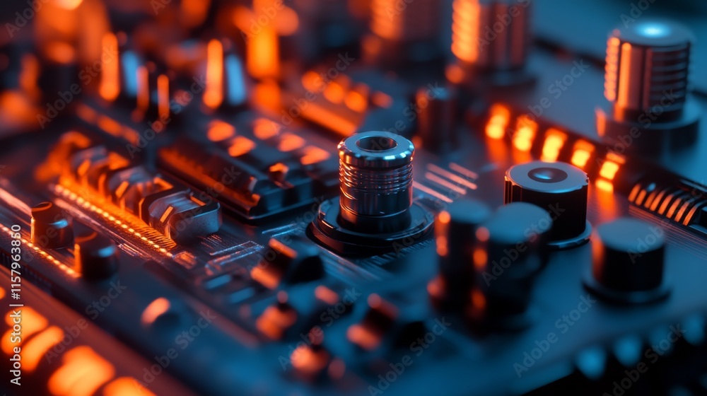 Poster close-up view of a high-tech circuit board with glowing elements, showcasing detailed components and
