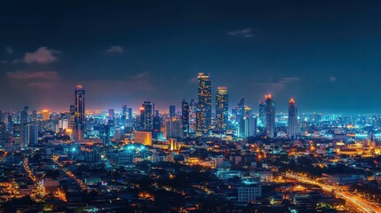 Fototapeta premium Vibrant City Skyline at Night with Illuminated Skyscrapers and Urban Lights, Perfect for Modern Cityscapes, Nightlife, Urban Living, Travel Destinations, and Futuristic Themes