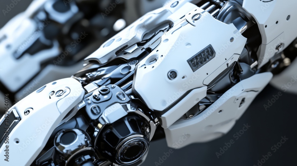 Poster close-up view of futuristic robotic arm with intricate mechanical details and sleek design, highligh