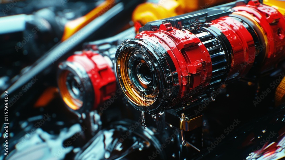 Poster close-up view of high-performance engine components highlighting precision engineering and vibrant c