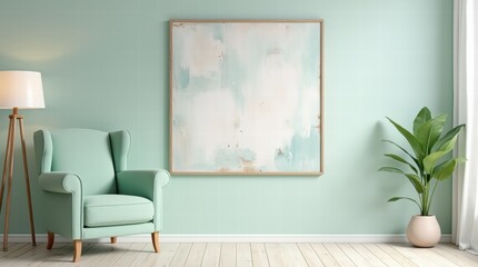 A serene living room featuring a pastel mint green armchair, a simple floor lamp, and a large abstract art piece on the wall