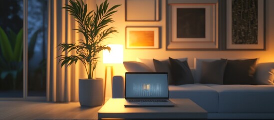 Minimalist modern living room with a laptop, plant, and soft lighting, cozy work-from-home environment 