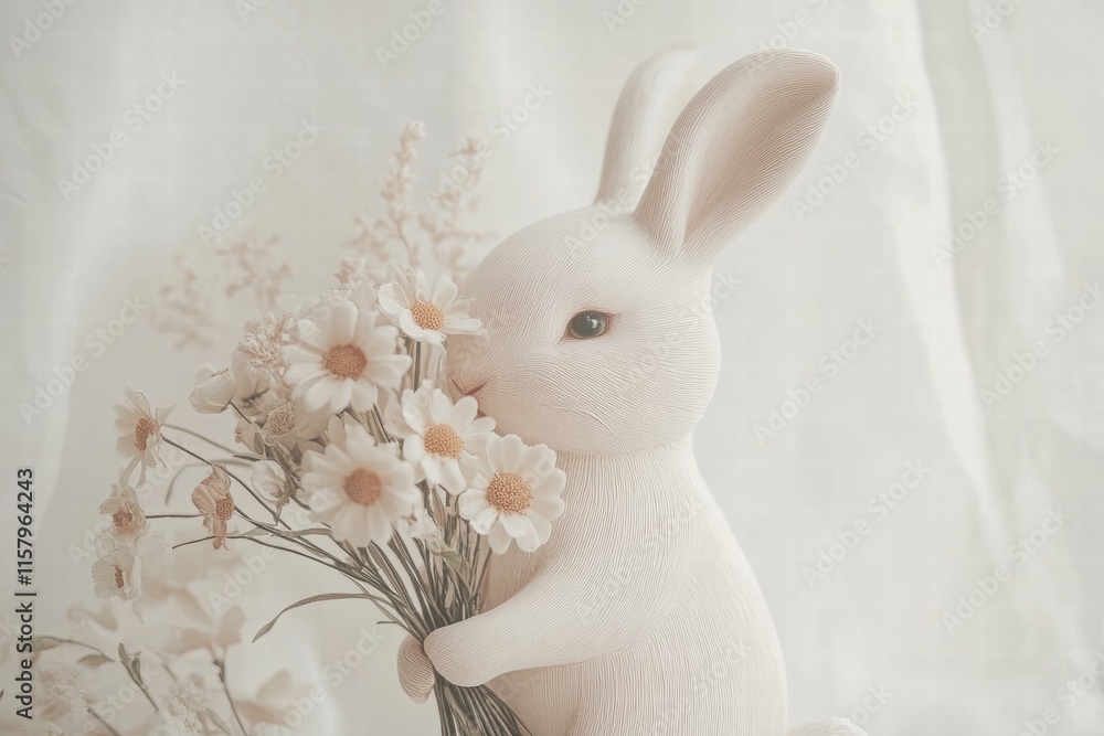 Leinwandbilder cuddly rabbit holds a beautiful bouquet of flowers against a soft background with plenty of space fo