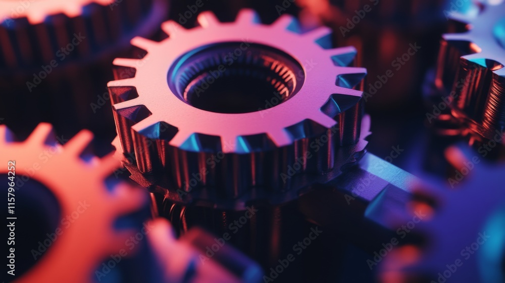 Poster close-up view of interlocking gears with vibrant lighting effects showcasing mechanical engineering 