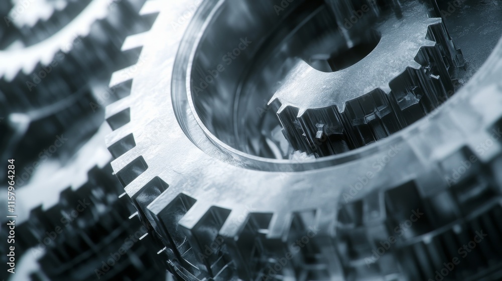 Poster close-up view of interlocking metal gears in a mechanism, highlighting textures and details of indus