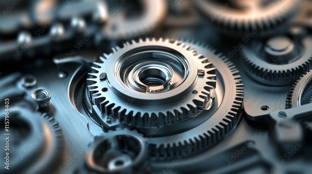 Poster close-up view of intricate metallic gears and machinery components showcasing precision engineering 