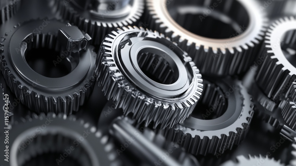 Poster close-up view of metallic gears and cogs interlocking in a complex mechanism for industrial and engi