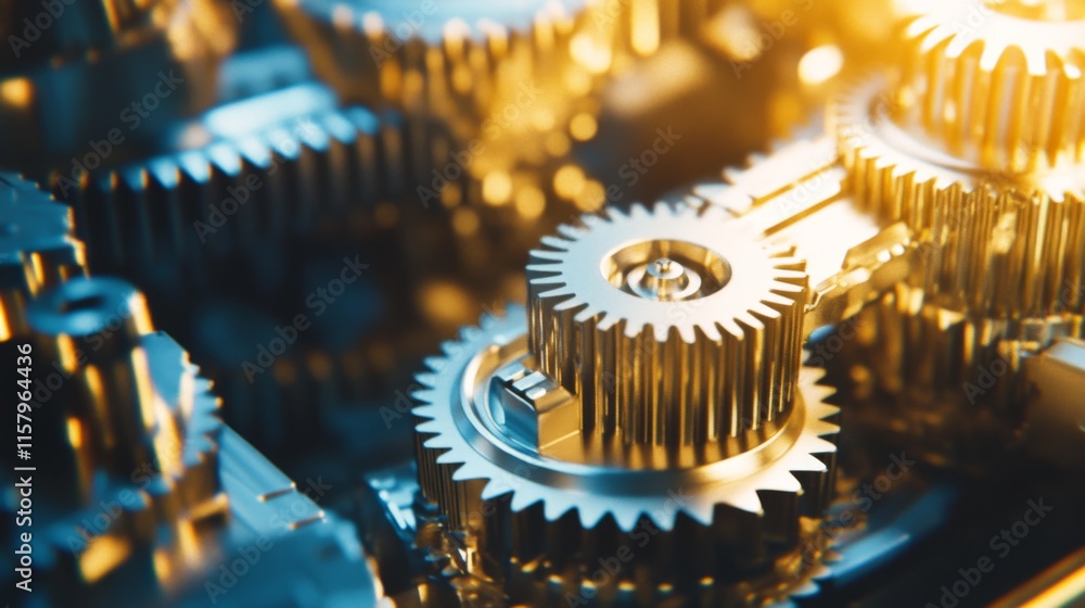 Aufkleber close-up view of intricate steel gears and cogs with shimmering metallic finish in a mechanism, show