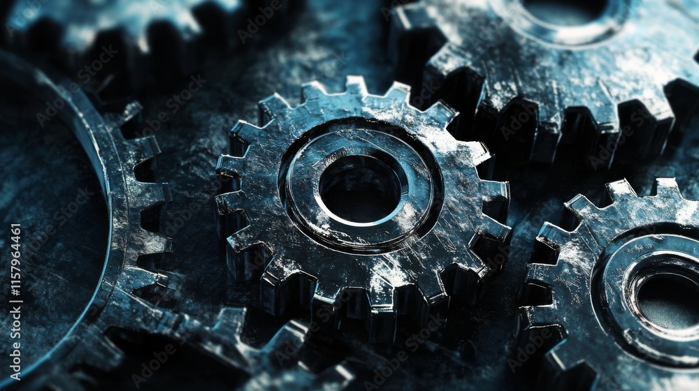 Poster close-up view of metallic gears interconnected in a mechanism representing industry, engineering, an