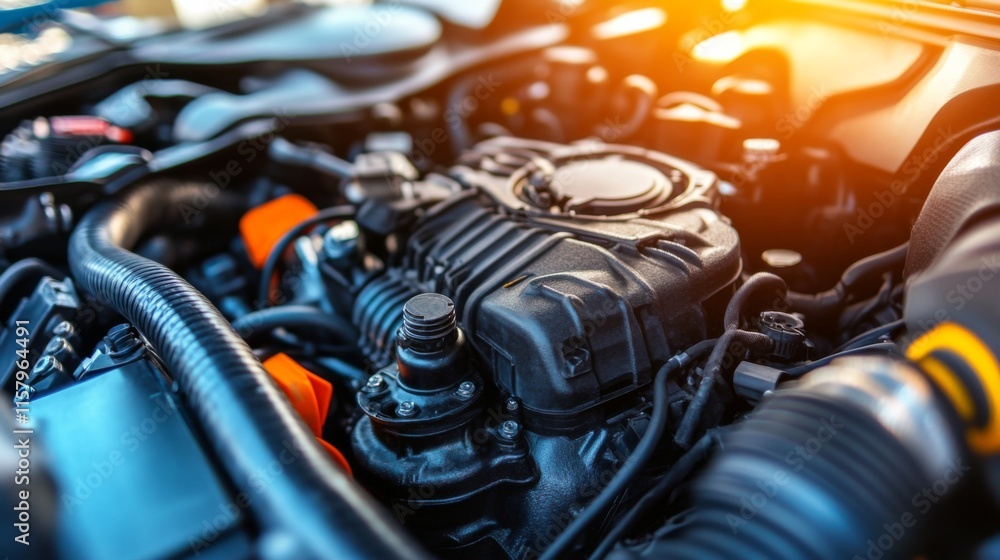 Poster close-up view of modern engine components in a car with intricate details and soft sunlight creating