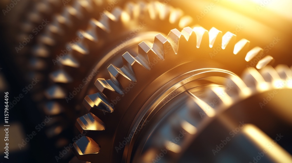 Poster close-up view of multiple interlocking gears in warm lighting, highlighting precision engineering an