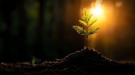 Sunrise illuminates a small seedling emerging from dark soil.