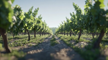 Obraz premium Sunlit vineyard rows with green vines and grassy ground.