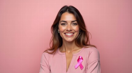 Woman smiling with a hopeful expression wearing a pink ribbon pin, symbolizing celebration of strength and cancer survivorship
