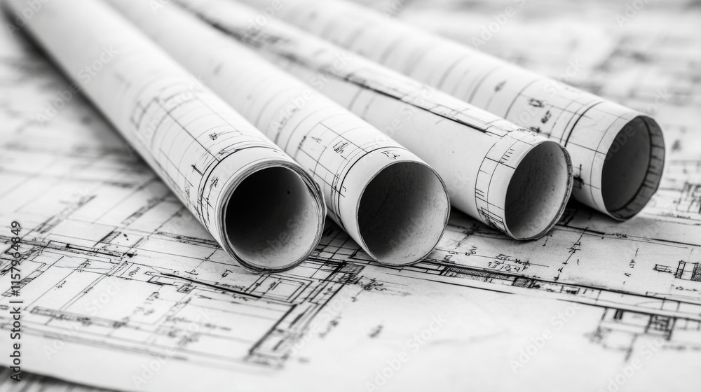 Poster detailed architectural blueprints and rolled drafts on a work surface in a monochrome style ideal fo