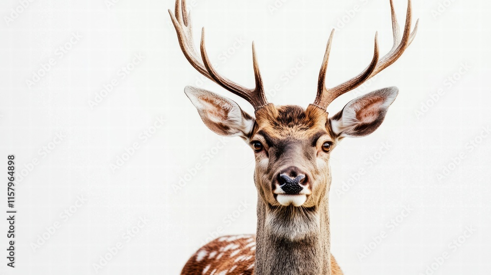 Poster elegant deer with branching antlers standing against a plain background, highlighting its features a