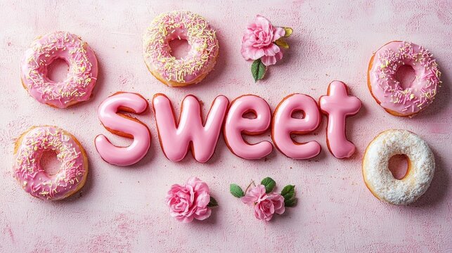 the word "sweet", word art, background, dessert, donuts, assortment of freshly baked delicious donuts, pink, top view, icing, lettering, font, text made of donuts, word made out of food, iced letters