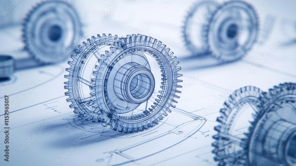 Poster detailed blueprint of mechanical gears in 3d view with technical drawing background for engineering 